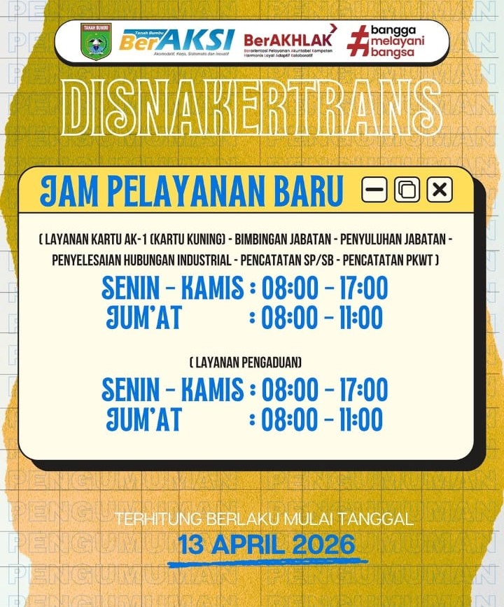 JAM PELAYANAN DISNAKERTRANS & UPTD BLK 2026